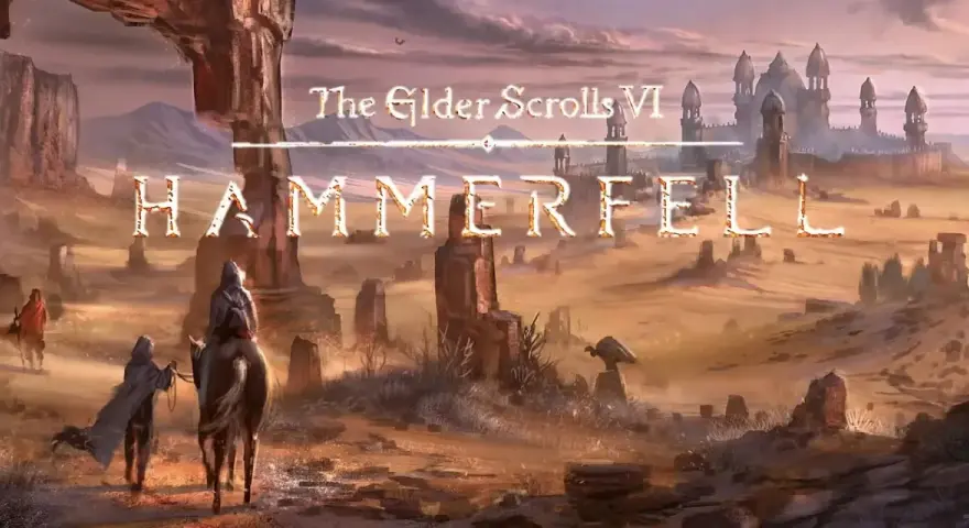 Krajobraz Hammerfell z gry The Elder Scrolls VI. Postacie wędrują przez pustynię w kierunku miasta.