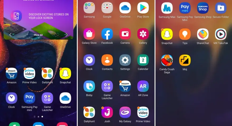 Ekran telefonu z ikonami aplikacji, w tym Samsung, Google, OneDrive, Play Store, Facebook, Snapchat. Widoczny też baner "Glance on Samsung" - to właśnie appcloud co to.