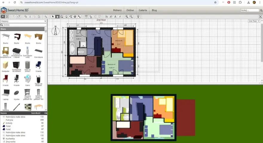 Program do projektowania domów Sweet Home 3D pokazuje rzut piętra z pokojami i meblami.