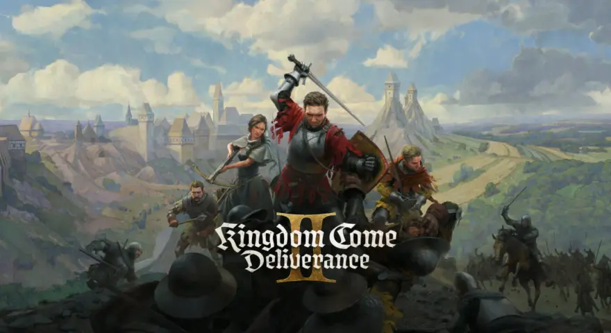 Zacięta bitwa w Kingdom Come: Deliverance II. Rycerze w zbrojach walczą mieczami i łukami na tle średniowiecznego miasta i zamków.