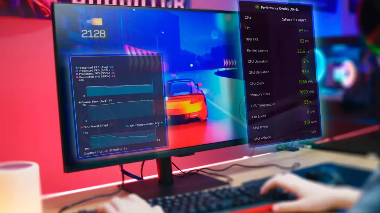 Gracz analizuje dane z gry, by dowiedzieć się, jak zminimalizować grę. Widoczne statystyki FPS, temperatury GPU i wykorzystania podzespołów.