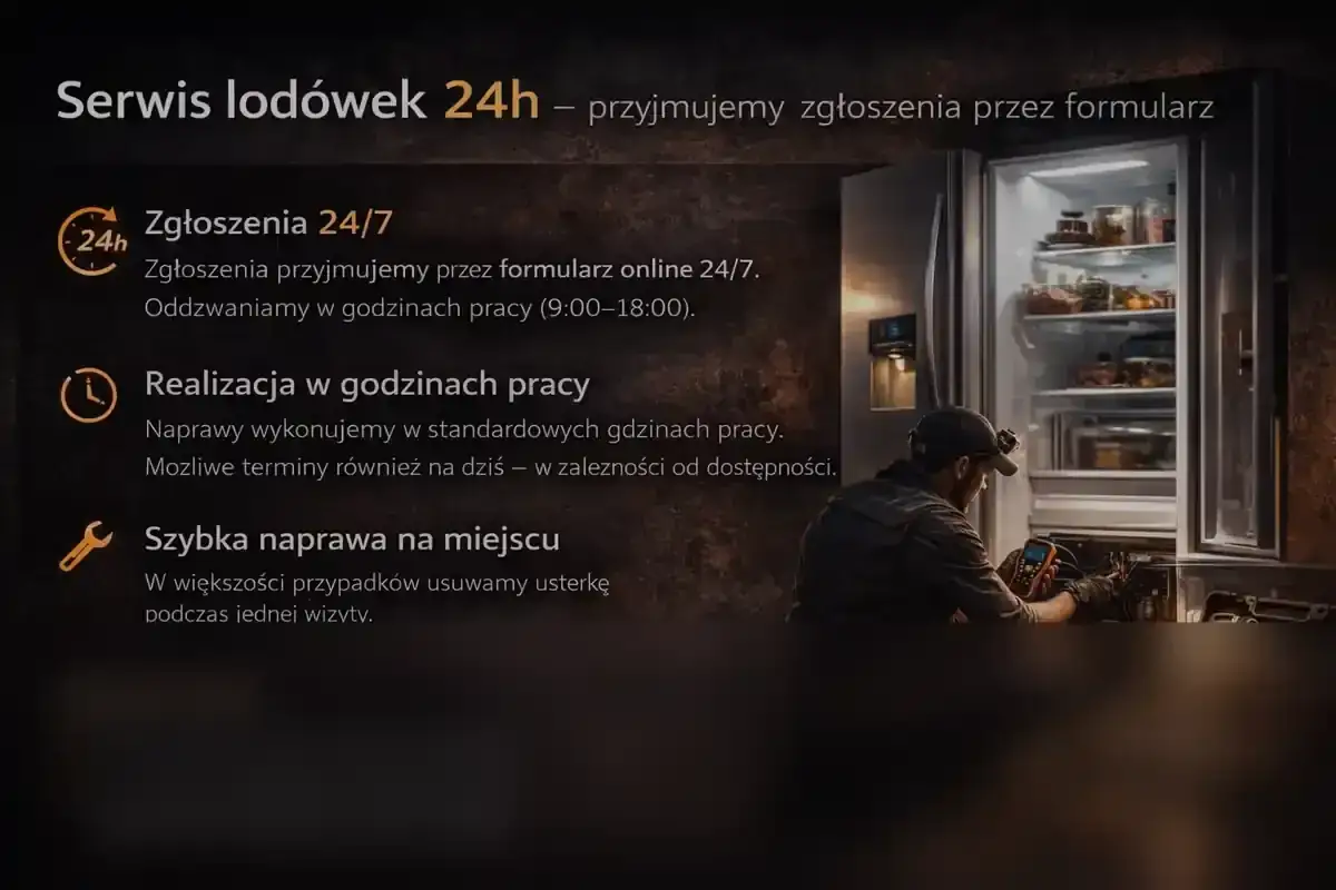 Serwis lodówek 24h. Gdy lodówka głośno chodzi, technik szybko naprawi ją na miejscu. Zgłoszenia online 24/7.