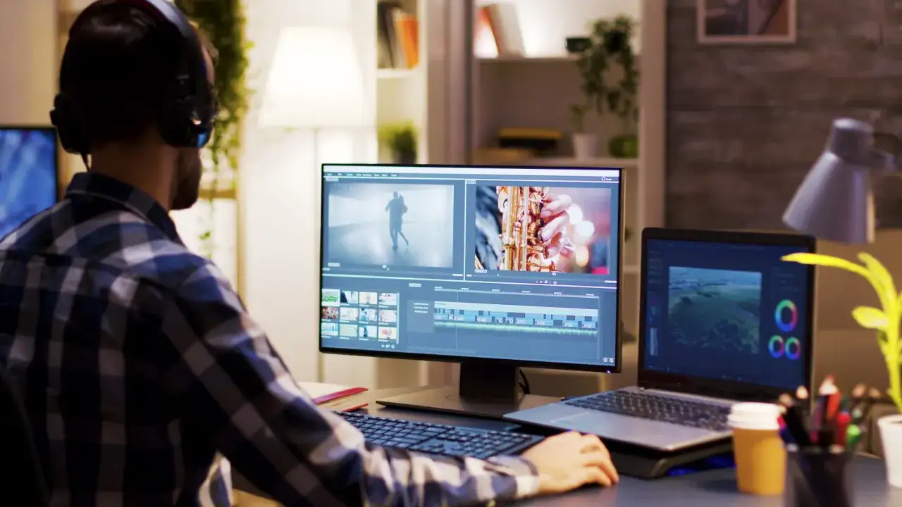 Mężczyzna w słuchawkach pracuje przy komputerze, używając zaawansowanego programu do montowania filmów. Na ekranie widać osie czasu i podgląd materiału.