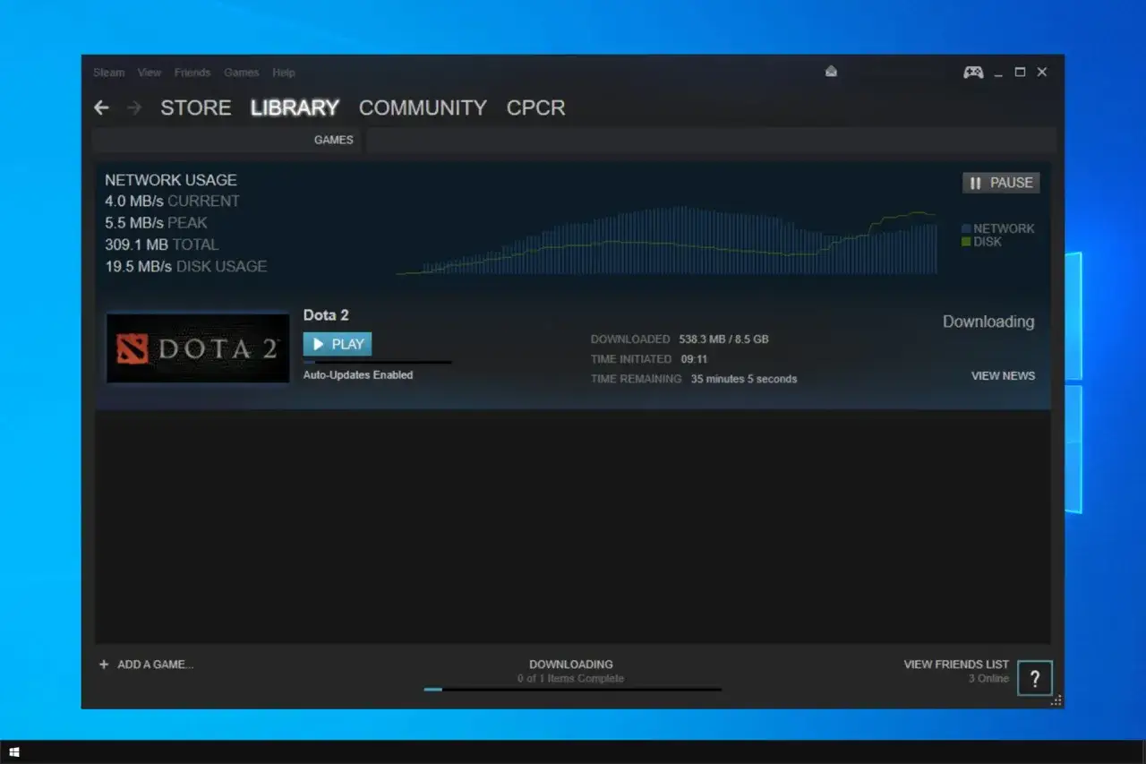 Widok pobierania gry Dota 2 na Steam. Wykres sieci pokazuje, jak przyśpieszyć pobieranie na Steam.