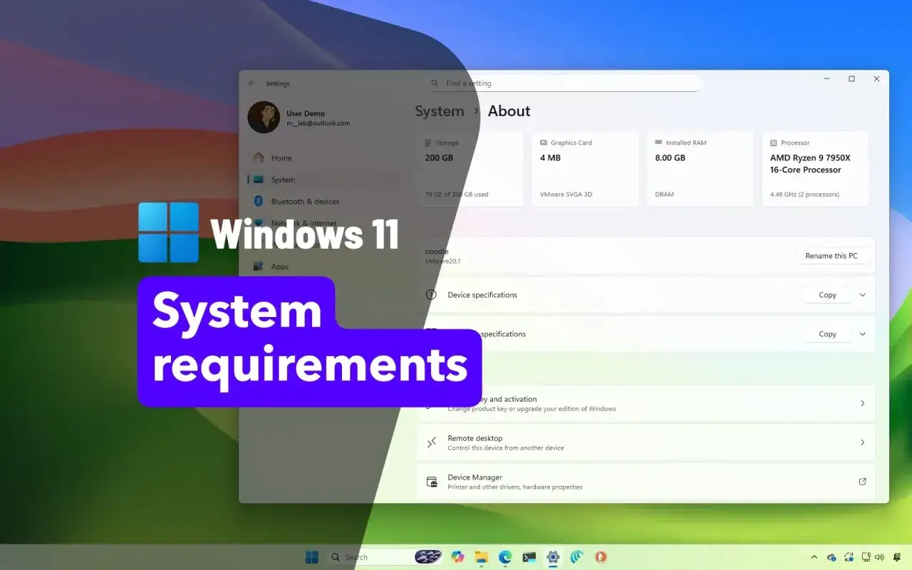 Sprawdź wymagania systemowe dla aktualizacji do Windows 11. Widok ustawień systemu z informacjami o procesorze, RAM i karcie graficznej.