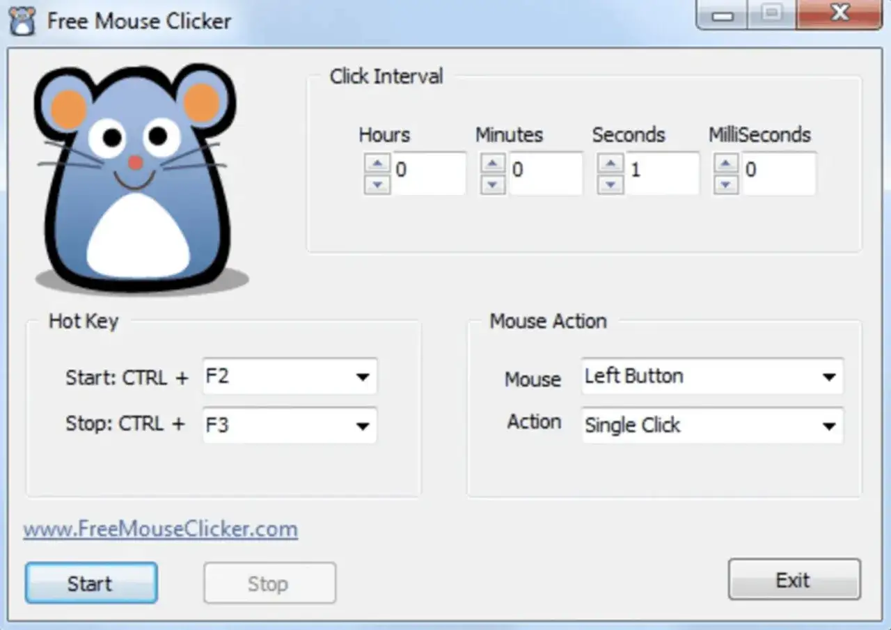 Interfejs programu Free Mouse Clicker z ustawieniami interwału kliknięć, klawiszy skrótu (Ctrl+F2/F3) i akcji myszy.
