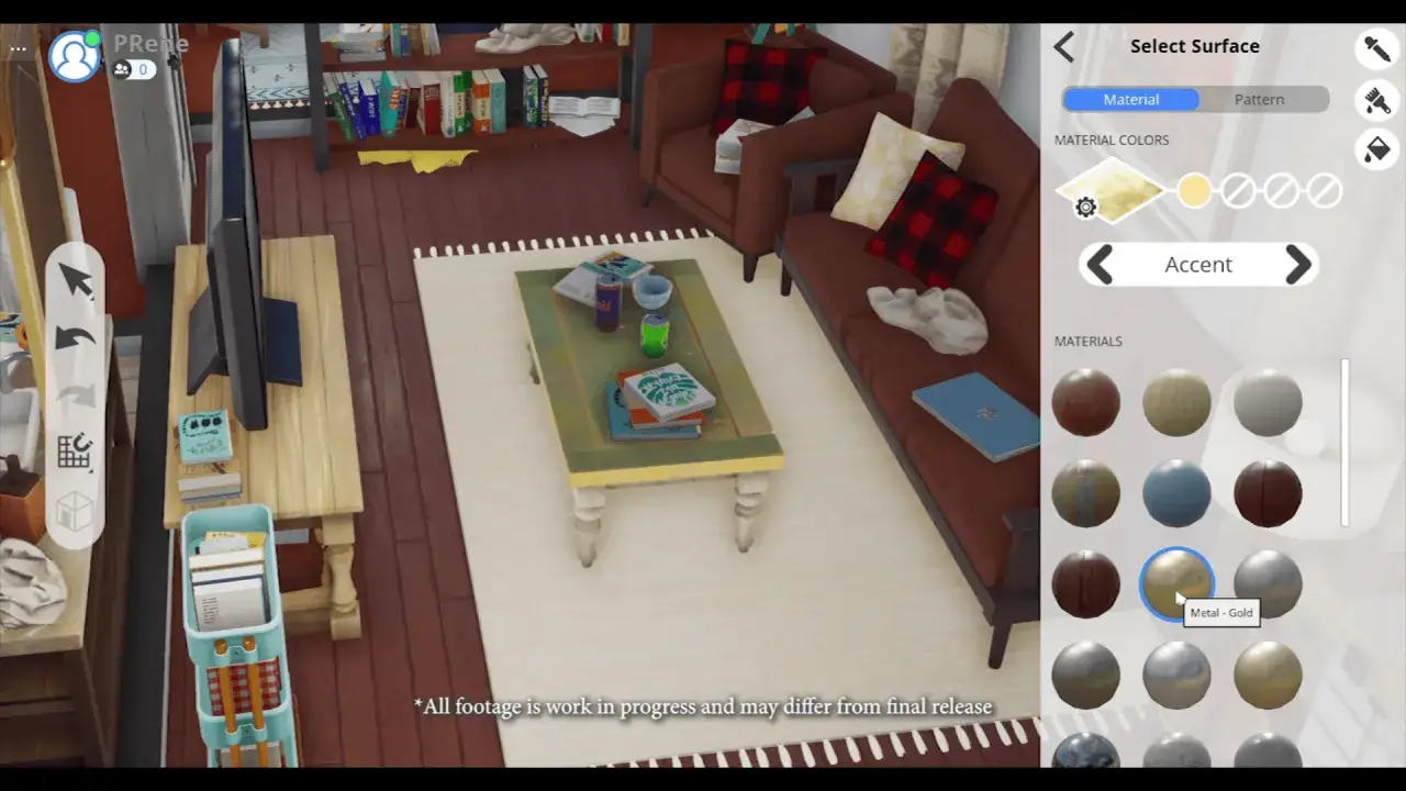 Kiedy The Sims 5? Widok z gry, gdzie gracz wybiera złoty metalowy akcent do mebli.