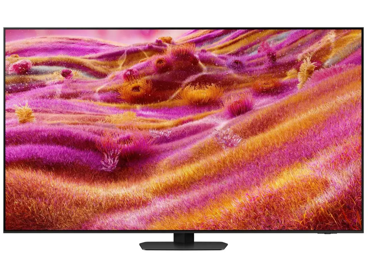 Telewizor z obrazem w żywych kolorach, przypominającym kosmiczną łąkę. Doskonały do porównania technologii mini led vs oled.