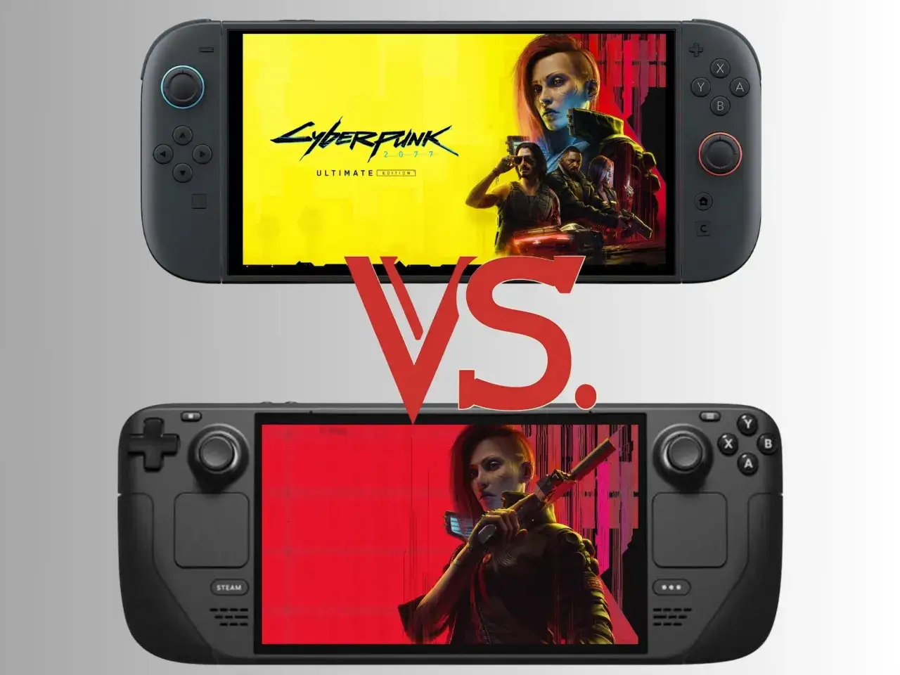 Dwie konsolki do gier, jedna z Cyberpunk 2077 na ż&oacute;łtym tle, druga z tą samą grą na czerwonym. Czy to zapowiedź Steam Deck 2?