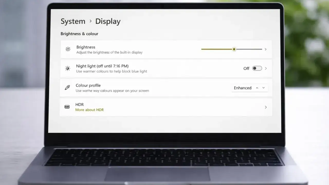 Ustawienia ekranu Windows 11: jak zmienić jasność ekranu, włączyć tryb nocny i dostosować profil kolorów.