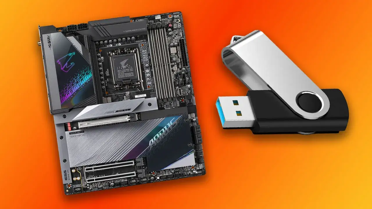 Płyta główna AORUS i pendrive – przygotowanie do aktualizacji BIOS.