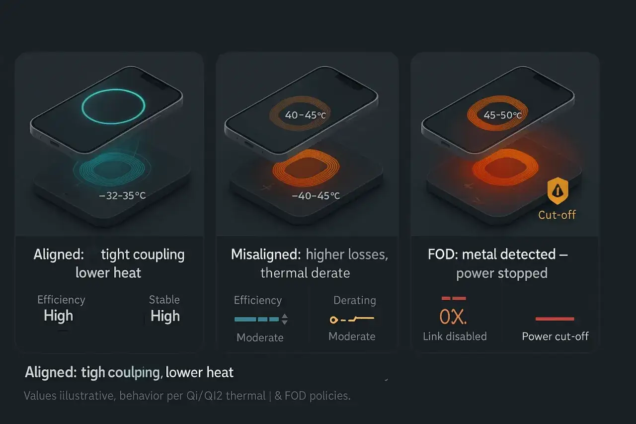 Ładowanie indukcyjne Samsung: idealne wyrównanie to niższa temperatura i wysoka wydajność. Błąd lub metal zatrzymują ładowanie.