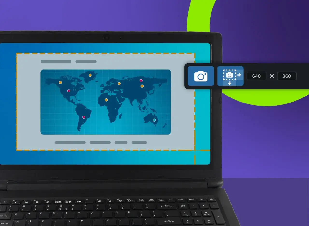 Nagrywanie ekranu Windows 10: mapa świata z zaznaczonymi punktami i narzędzie do przechwytywania ekranu.