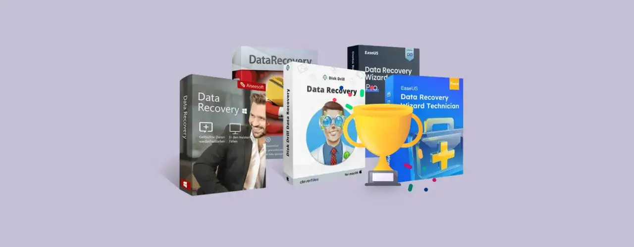 Zestaw program&oacute;w do odzyskiwania danych, w tym Data Recovery, Disk Drill i EaseUS. Złoty puchar symbolizuje najlepsze rozwiązanie.
