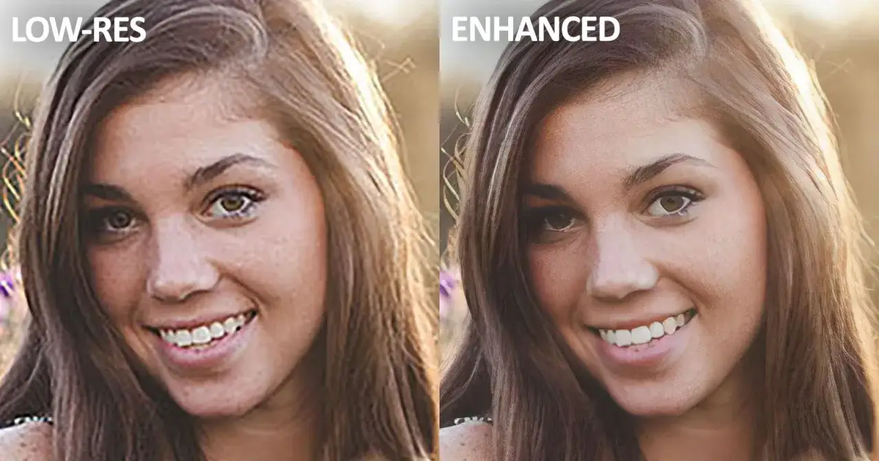 Porównanie twarzy: po lewej niska rozdzielczość, po prawej po zwiększaniu rozdzielczości zdjęć.