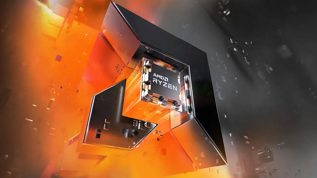 Nowe procesory AMD Ryzen w futurystycznej odsłonie, otoczone pomarańczową poświatą i elementami obwod&oacute;w drukowanych.