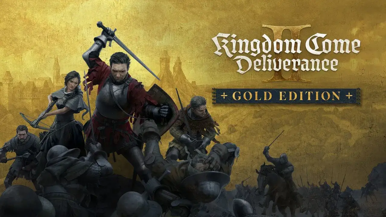 Zacięta bitwa w Kingdom Come: Deliverance 2. Rycerze walczą mieczami, łuczniczka celuje z kuszy, a na koniach pędzą wojownicy.