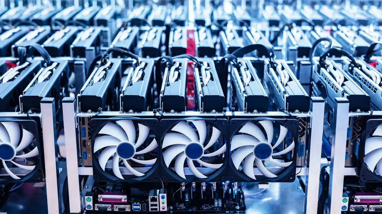 Rzędy kart graficznych z wentylatorami, gotowe do pracy. Dowiedz się, jak kopać kryptowaluty na PC, wykorzystując moc obliczeniową tych maszyn.