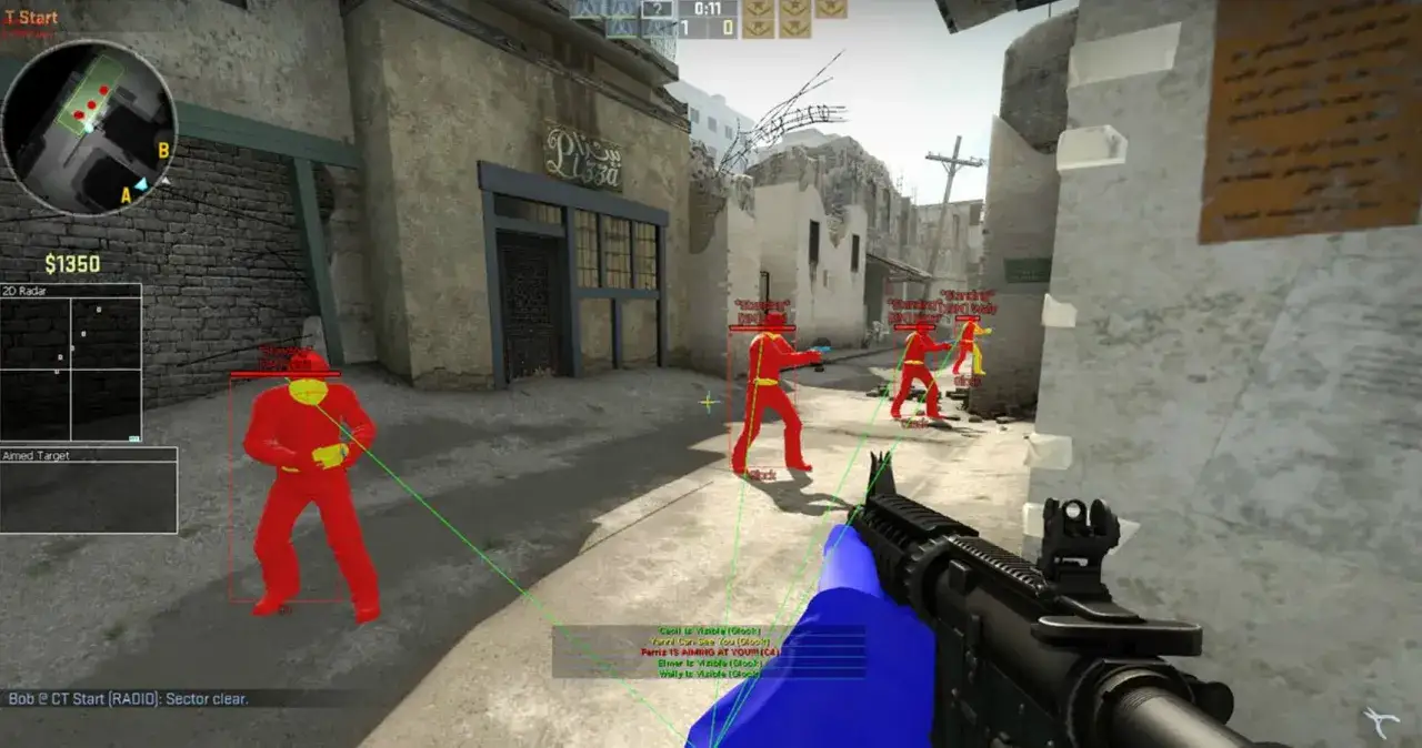 Gracz używa aimbot CS GO, by namierzyć przeciwnik&oacute;w. Czerwone ramki i linie wskazują ich pozycje.