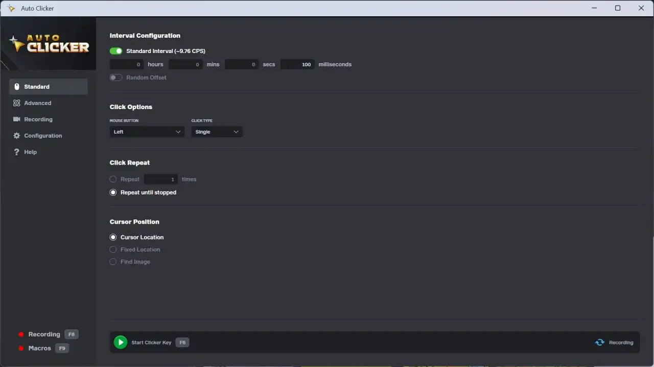 Ustawienia programu gs auto clicker: interwał, typ kliknięcia (pojedyncze), powtórzenia (do zatrzymania) i pozycję kursora.