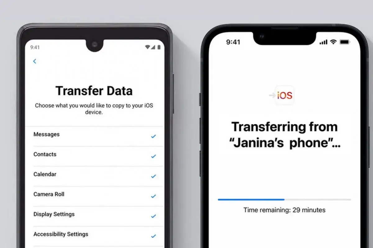 Aplikacja do przenoszenia danych z Androida na iOS. Ekran wyboru danych do skopiowania i ekran postępu transferu z telefonu 