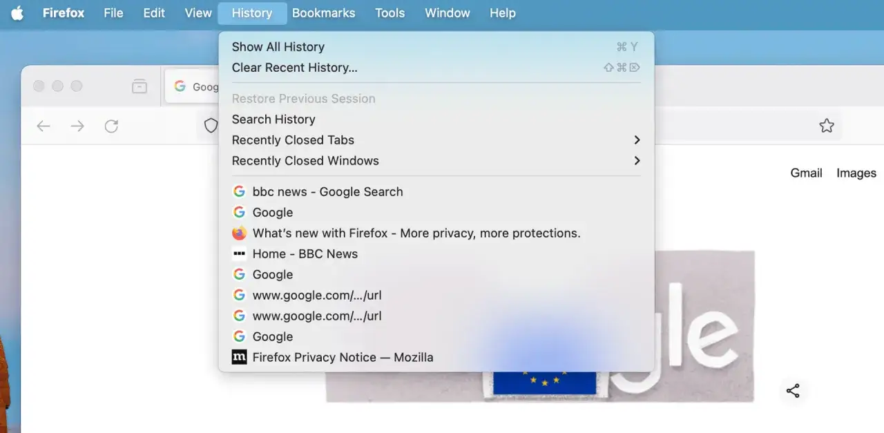 Menu historii przeglądarki Firefox pokazuje, jak przywrócić zamknięte karty. Widoczne są opcje 