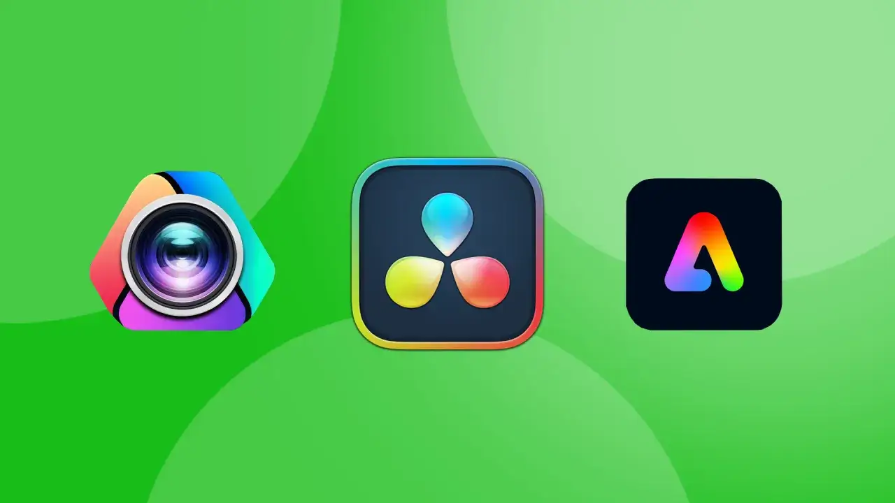 Ikony programów do montowania filmów: Final Cut Pro, DaVinci Resolve i Adobe Premiere Rush.