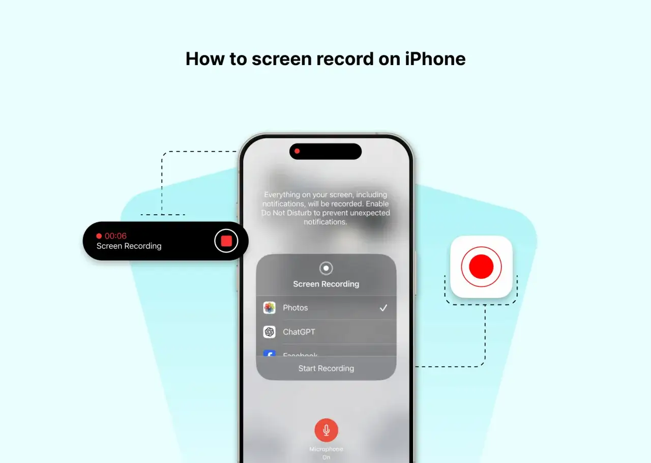 Nagrywanie ekranu iPhone'a. Widoczny interfejs z opcją 