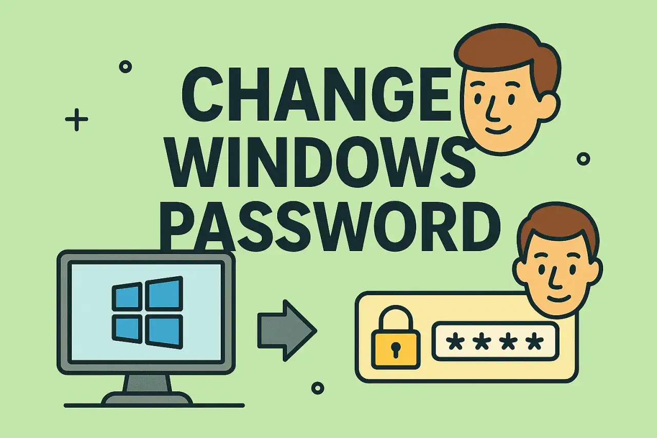 Jak zmienić hasło w komputerze? Ilustracja pokazuje komputer z logo Windows, strzałkę i pole z kł&oacute;dką i gwiazdkami.