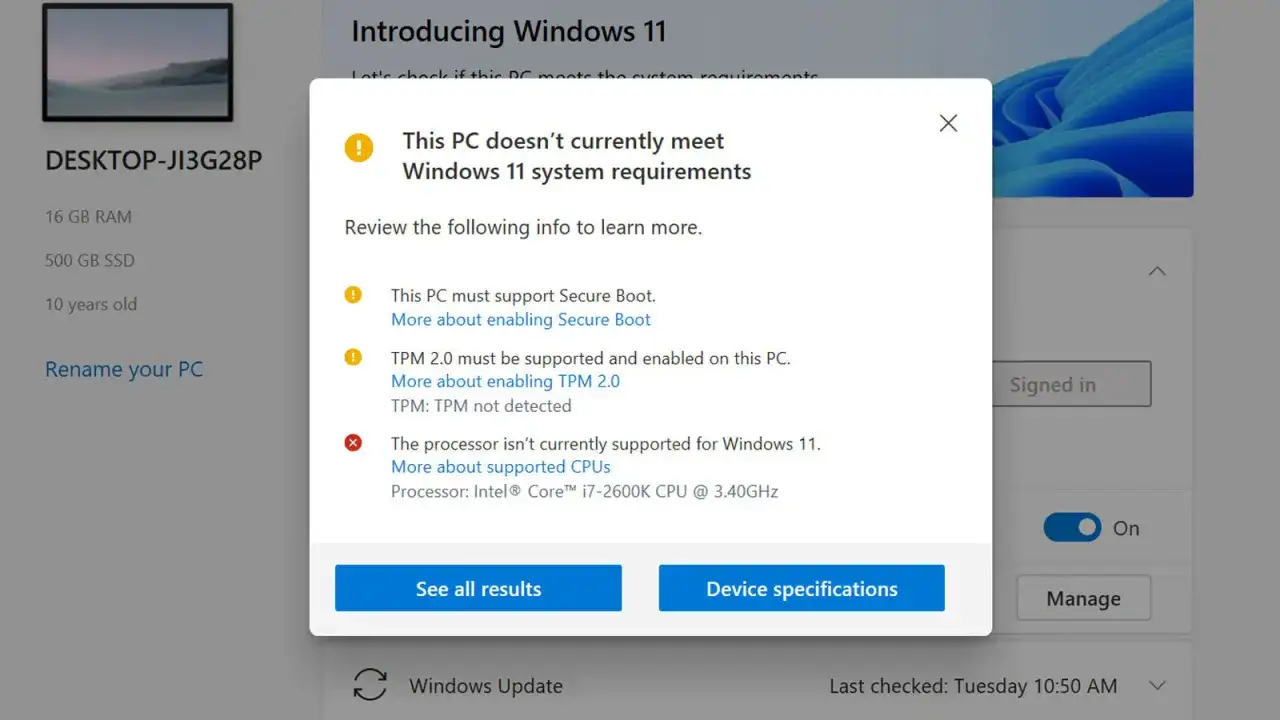 Komunikat o niespełnieniu windows 11 wymagania: brak Secure Boot, TPM 2.0 i nieobsługiwany procesor Intel Core i7-2600K.