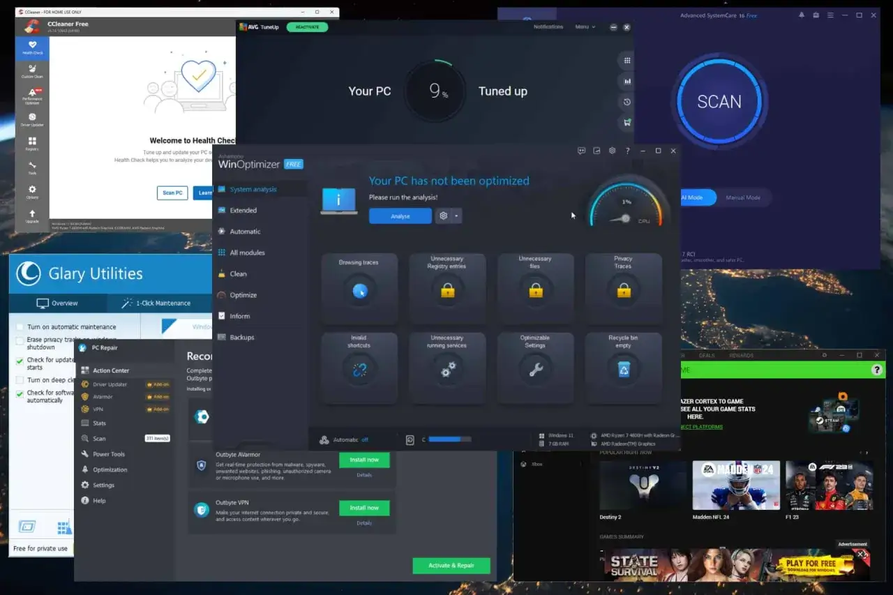 Wiele programów do optymalizacji PC, w tym WinOptimizer, Glary Utilities i CCleaner, działa jednocześnie.