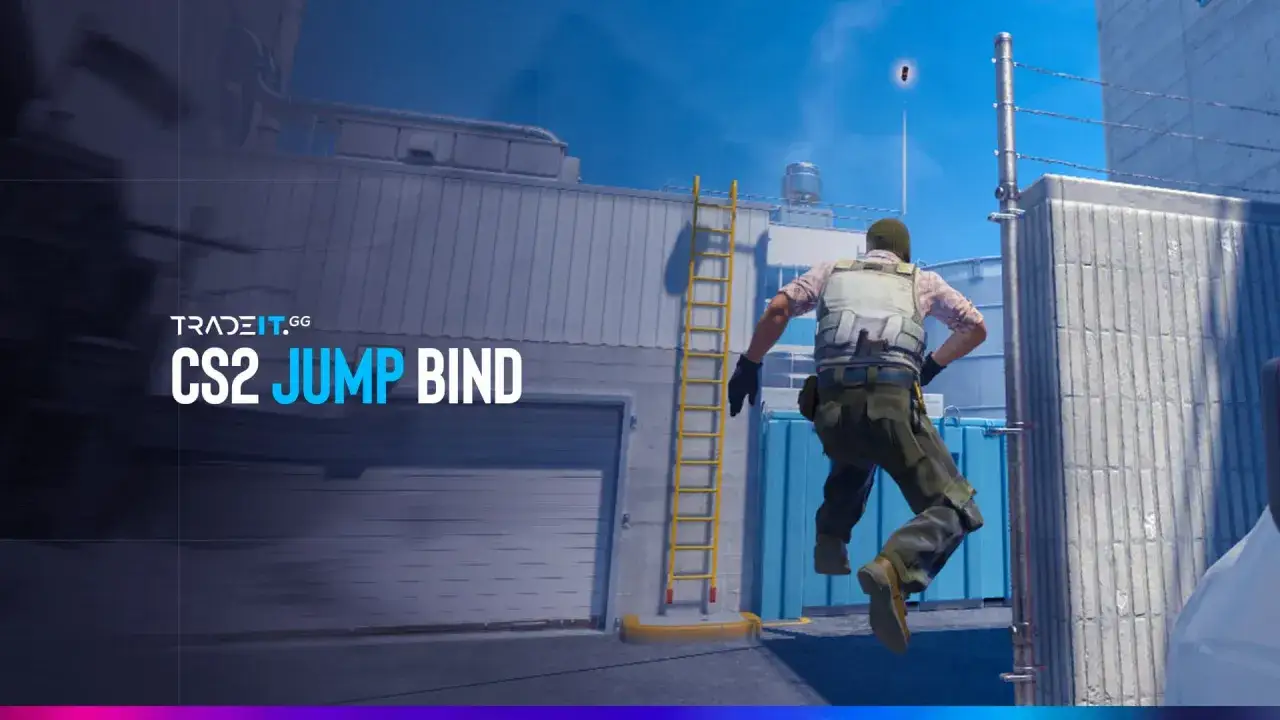 Gracz CS2 wykonuje skok z bindem, by zdobyć przewagę. Tradeit.gg prezentuje CS2 jump bind.