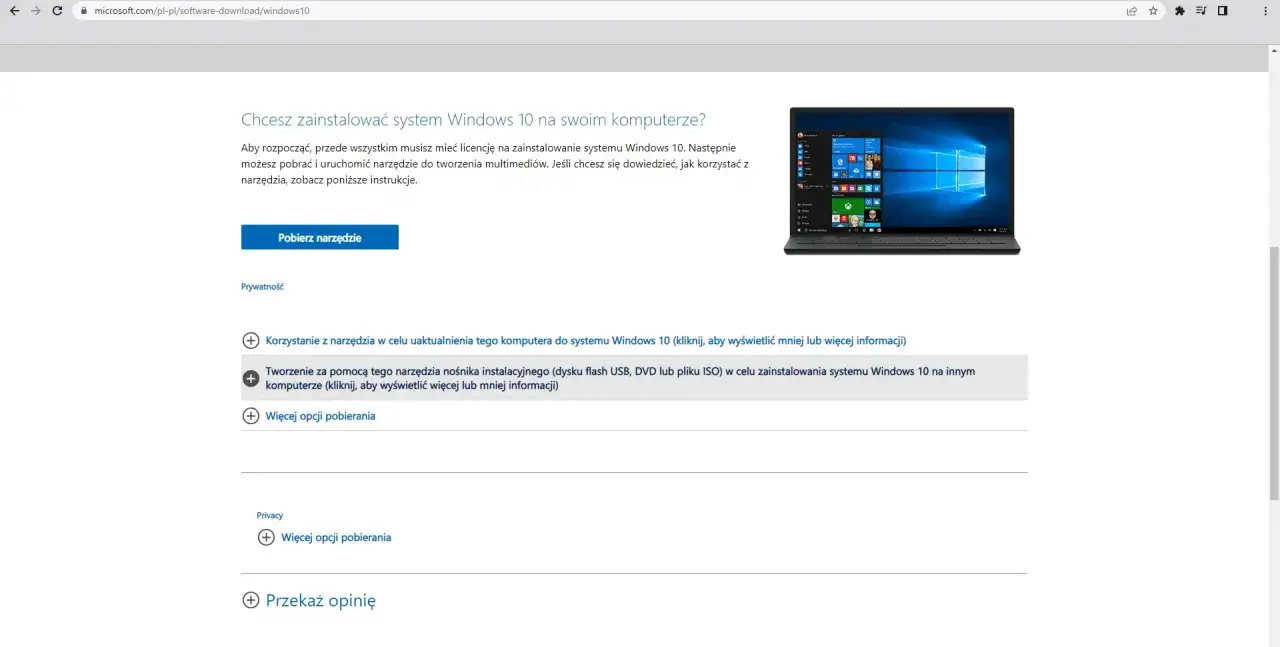 Narzędzie do tworzenia nośnika instalacyjnego Windows 10, np. na pendrive, aby zainstalować system na innym komputerze.