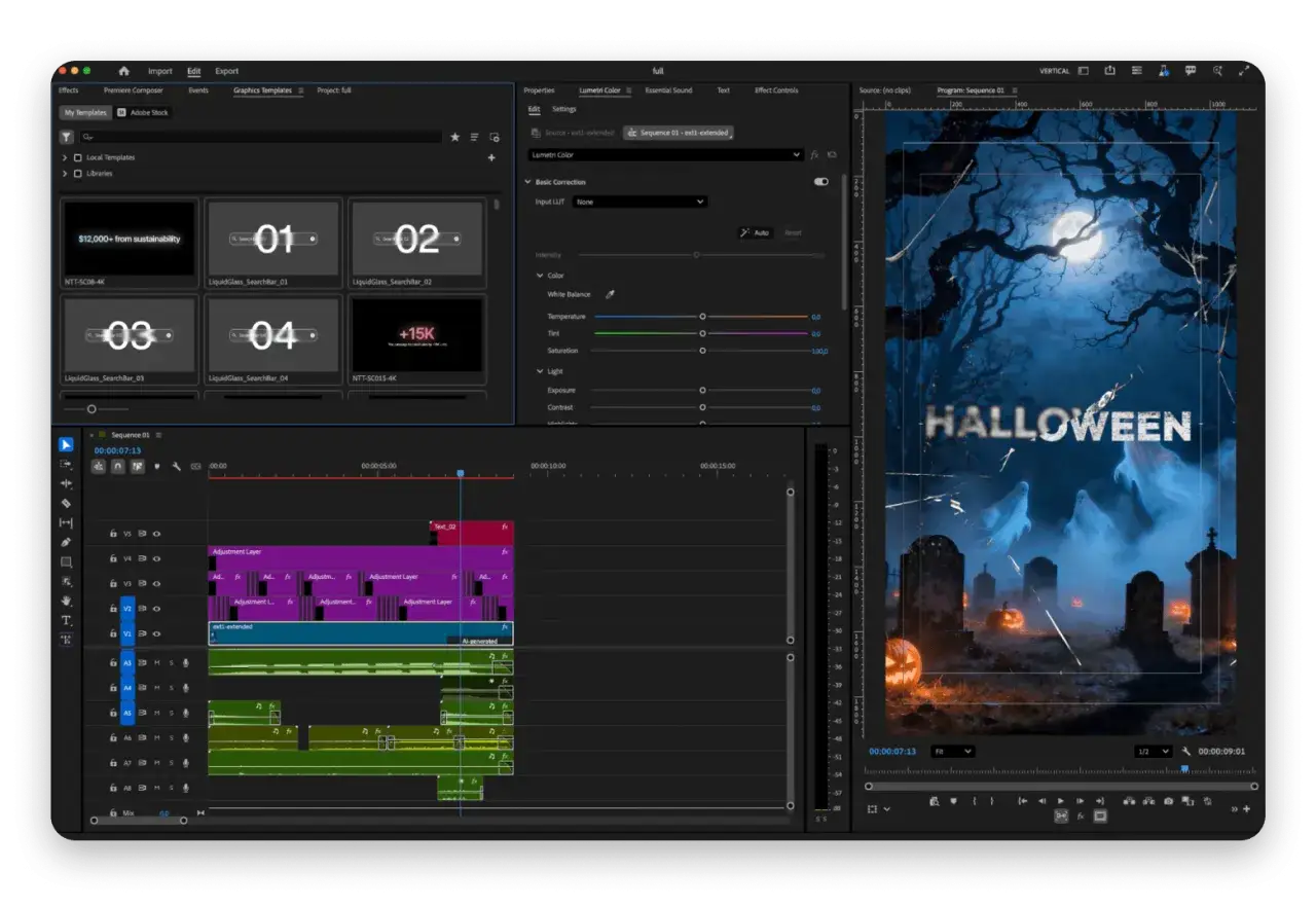Program do montowania filmów z efektami specjalnymi, edycją kolorów i ścieżkami dźwiękowymi. Na ekranie widać projekt