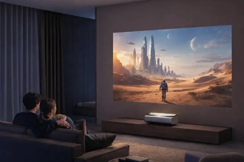 Para ogląda film na wielkim ekranie, gdzie projektor zamiast tv wyświetla futurystyczne miasto na pustyni.