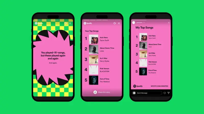 Spotify Wrapped zbiera dane do końca października. Na ekranach telefonów widać podsumowania ulubionych utworów.