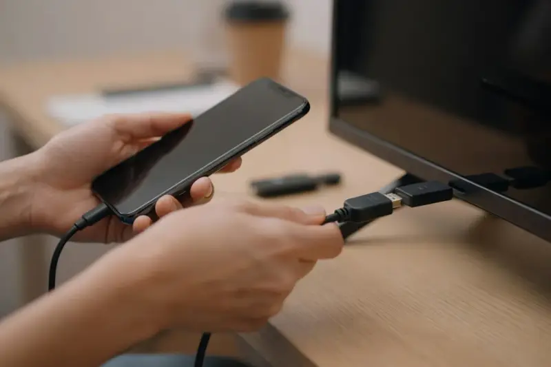 Ręce łączą smartfon z telewizorem za pomocą kabla USB-C. Dowiedz się, jak połączyć się z telewizorem, by cieszyć się większym ekranem.