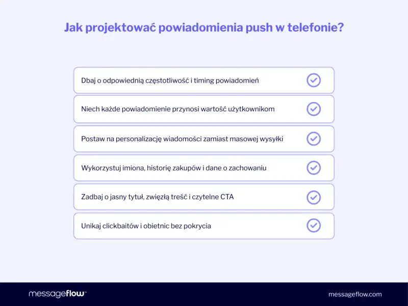Jak projektować skuteczne powiadomienia push w telefonie? Lista wskazówek: dbaj o timing, personalizację, wartość dla użytkownika, jasny tytuł i CTA. Unikaj clickbaitów.